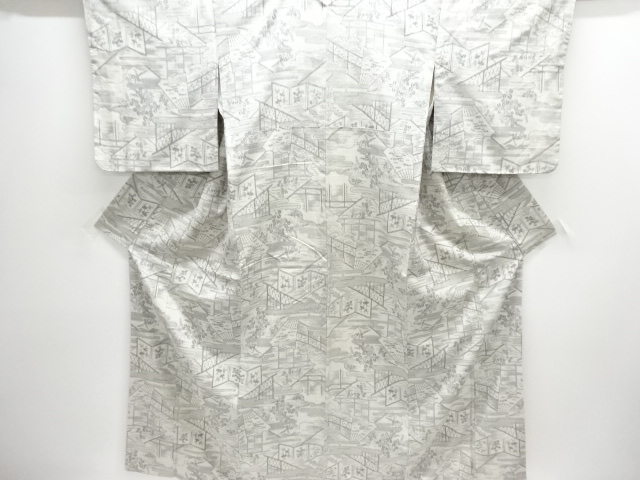 JAPANESE KIMONO / SILK / HAND WOVEN TSUMUGI / FOLDING FAN & FLORAL PLANTS